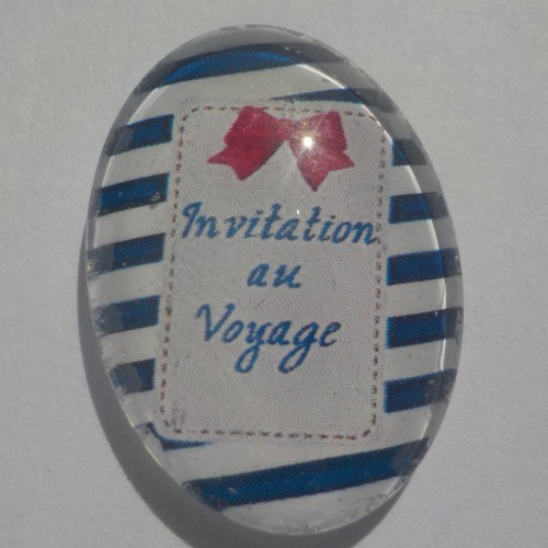 Cabochon encre marinière, ovale, 18x25 mm, verre, rouge, bleu marine, blanc,
