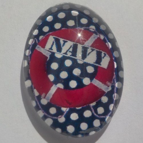 Cabochon encre marinière, ovale, 18x25 mm, verre, rouge, bleu marine, blanc,