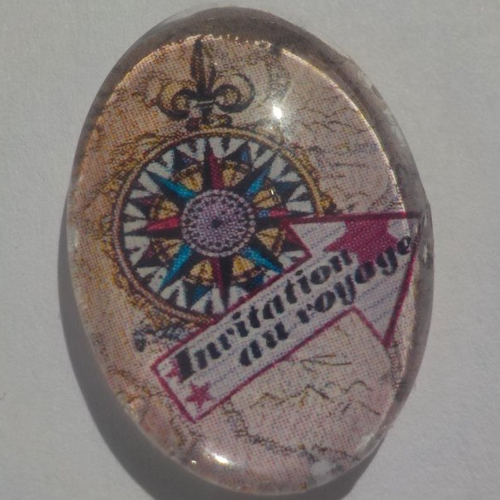 Cabochon boussole marinière, ovale, 18x25 mm, verre, rouge, bleu marine, blanc, beige
