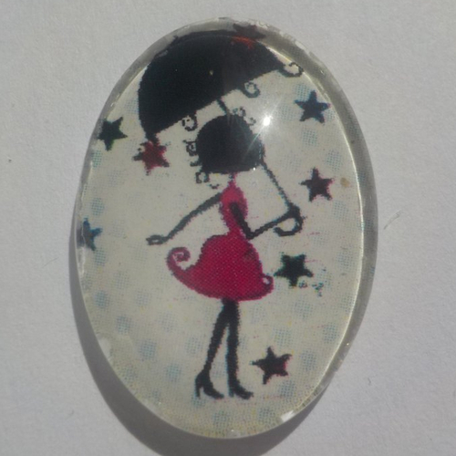 Cabochon femme au parapluie, étoile, ovale, 18x25 mm, verre, noir, rose,