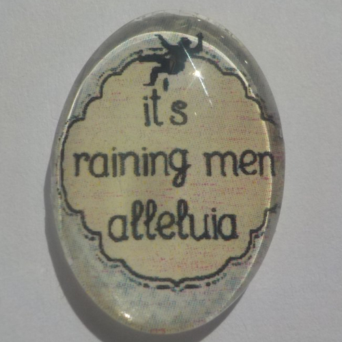 Cabochon it's raining men alelluia, ovale, 18x25 mm, verre, noir, bleu,
