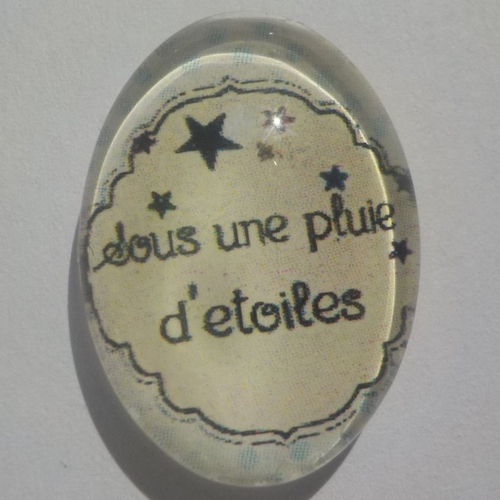 Cabochon écriture sous une pluie d'étoiles, ovale, 18x25 mm, verre, noir,