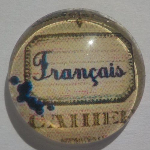 Cabochon français/école/18 mm/confection bijoux/verre/beige/bleu marine