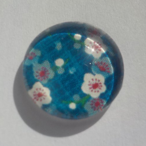 Cabochon de verre, multicolore, fleurs japonaises, 12 mm, bleu, blanc,