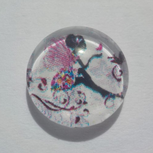 Cabochon de verre, fée, 12 mm, turquoise, noir, rose, blanc