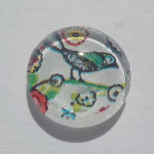 Cabochon de verre, oiseaux, 12 mm, blanc, bleu, rouge, jaune, vert,