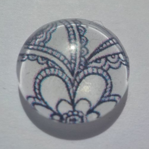 Cabochon de verre, arabesques, 12 mm, blanc, noir,