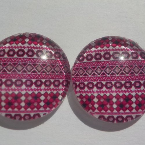 Cabochons géométriques/18 mm/confection bijoux/verre/lot de 2 cabochons/rouge/blanc