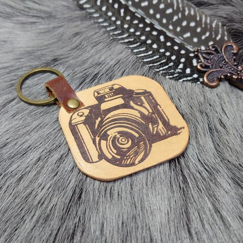 Porte clé personnalisable cuir véritable fait main mixte homme femme appareil photo