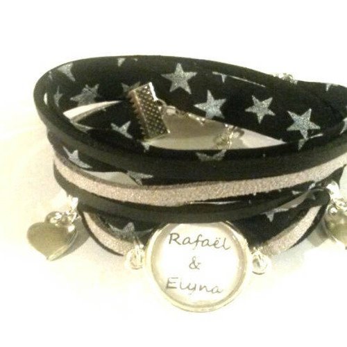 Bracelet liberty à étoiles noir , suédines noire et grise pailletée, cabochon prénoms personnalisable