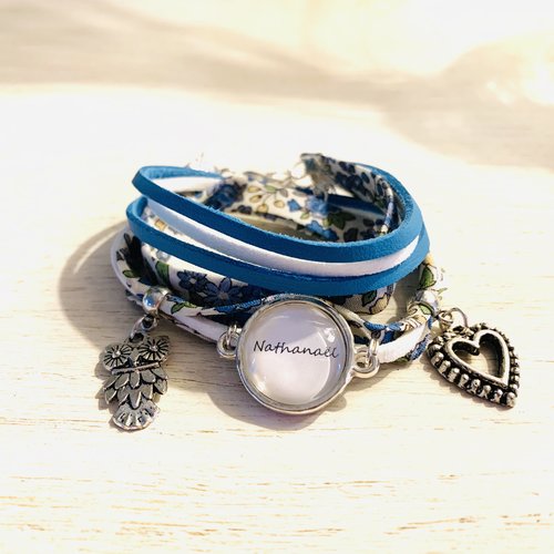 Bracelet liberty à fleurs bleu, cabochon prénom personnalisable