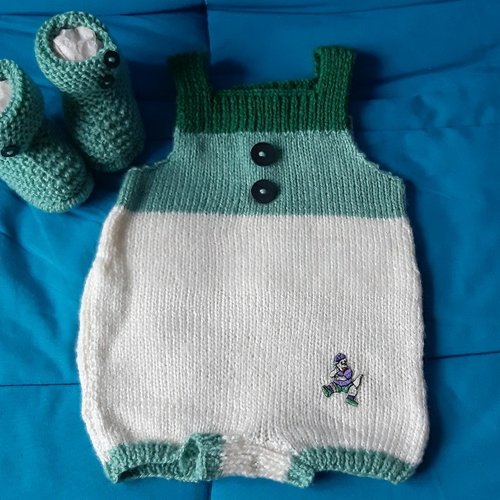 Ensemble combinaison et chaussons bebe naissance tricot fait main