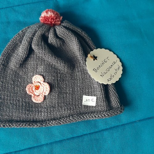 Bonnet bebe fille naissance gris orange tricot fait main