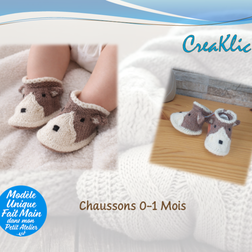 Chaussons bebe marron ecru taille 0 a 1 mois tricot fait main