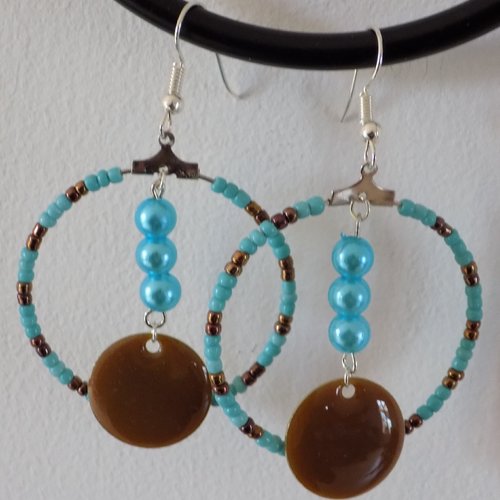 Boucles d'oreilles créoles turquoise et chocolat 
