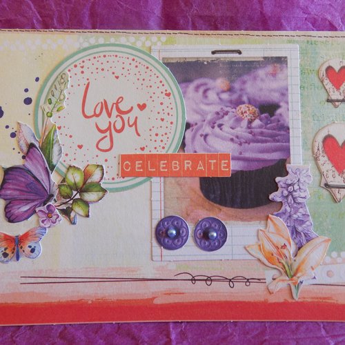 Carte 3d + enveloppe assortie, modèle love et cupcake