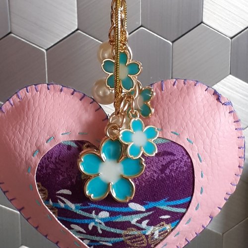Porte clés / bijoux de sac - modèle fleurs turquoise