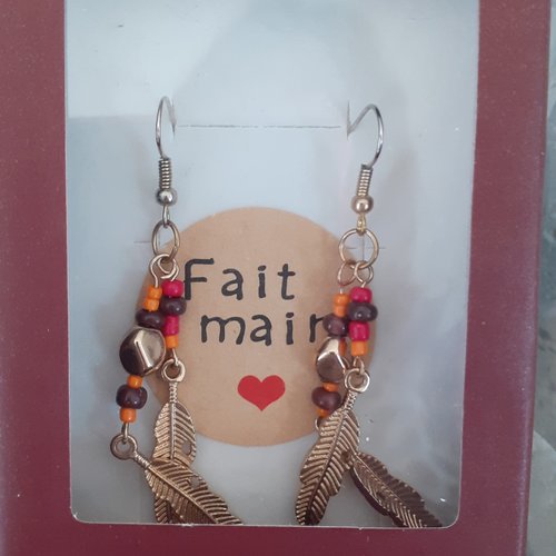 Boucles d'oreilles pendantes doré orange et marron