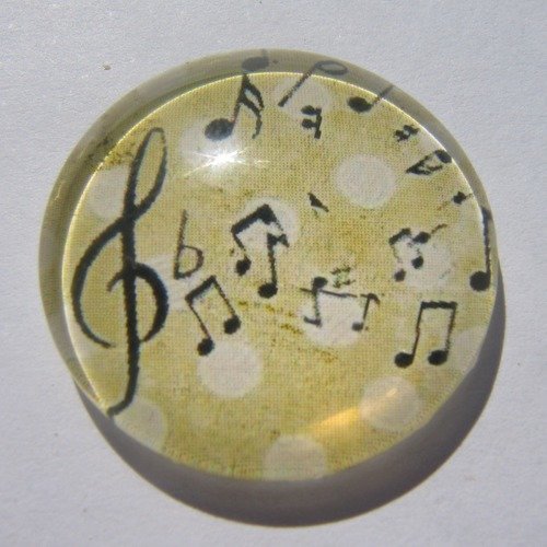 Cabochon note de musique, en verre 20 mm, rond, beige, noir,