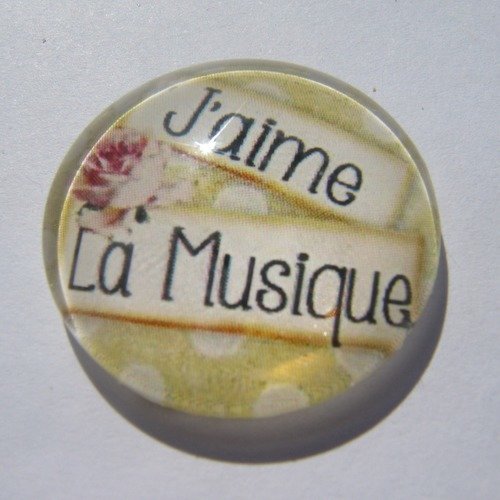Cabochon de verre beige, noir, en 20 mm " j'aime la musique ", rond,
