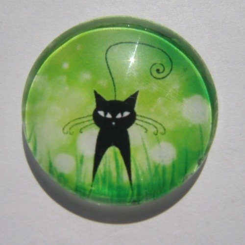 Cabochon chat, rond, en verre, 20 mm, noir, vert,