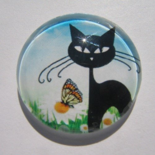 Cabochon chat et papillon, en 20 mm, verre, noir, orange, bleu, blanc,