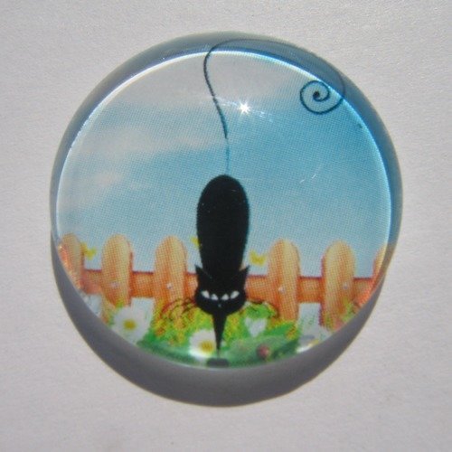 Cabochon chat, rond, en 20 mm, verre, noir, bleu, vert,