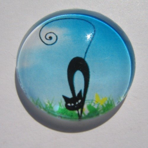 Cabochon, rond, chat, en 20 mm, verre, noir, bleu, vert,