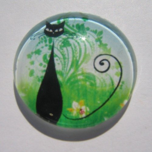 Cabochon chat et fleur jaune, en verre, 20 mm