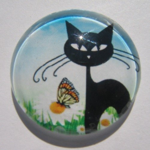 Cabochon chat en 25 mm, verre, bleu, noir,