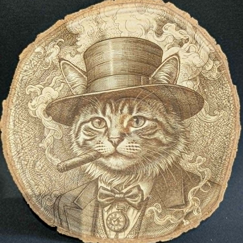 Gravure d'un chat en costume, avec un cigare