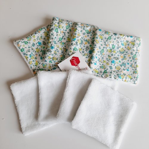Lingettes démaquillantes , lots de 8 lingettes coton liberty  et éponge bambou velours