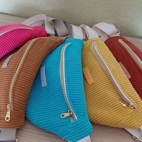 Sac banane velours côtelé, fabrication française, sac velours rose fuchia,turquoise,moutarde ,teracotta , camell