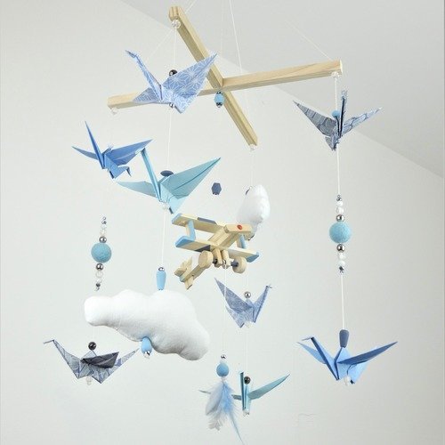 Mobile bébé origami bois bleu