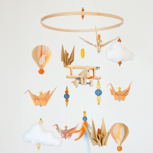 Mobile bébé origami avion et montgolfière camel, orange et jaune