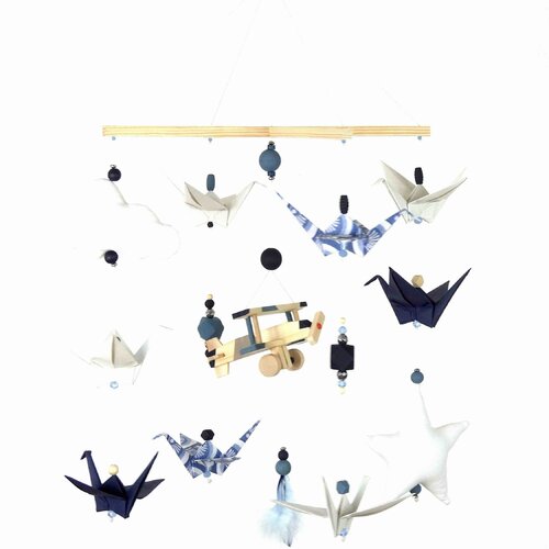 Mobile bébé origami avion bois bleu nuit, bleu gris et beige