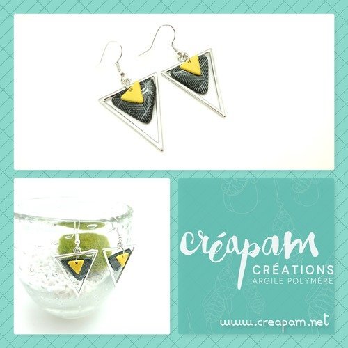 Boucles d'oreilles triangle noir et jaune  en fimo impréssions cube argentées