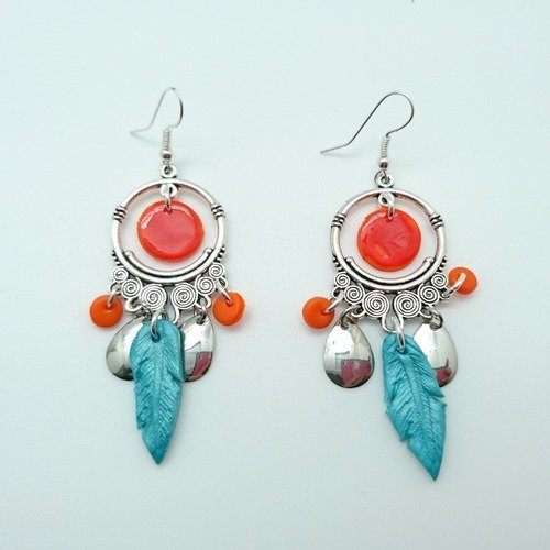 Boucles d'oreilles  apache en fimo turquoise et orange