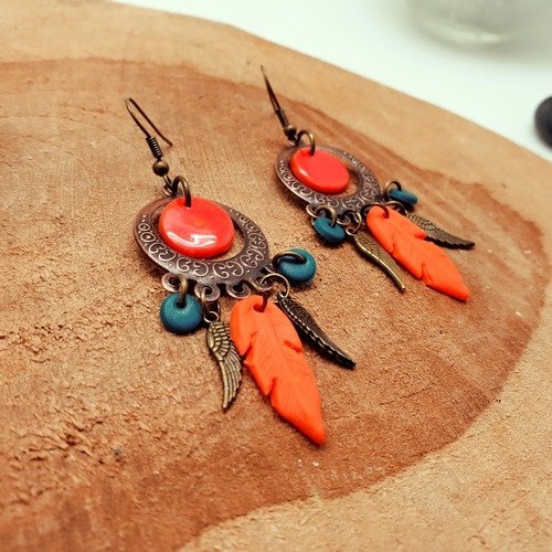 Boucles d'oreilles  apache en fimo bronze turquoise et orange