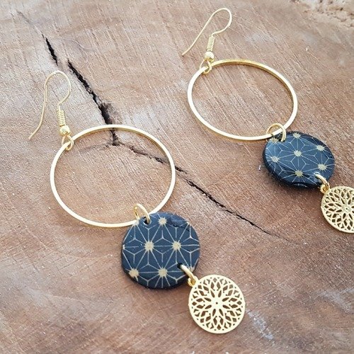 Boucles d'oreilles trio noir et or en fimo 