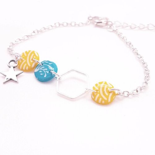 Bracelet star  jaune et turquoise chainette argentée