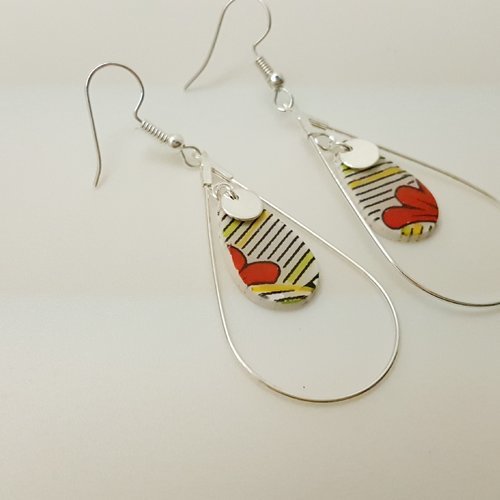 Boucles d'oreilles ring goutte  fabric floral  en fimo