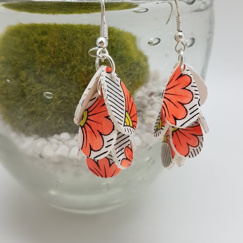 Boucles d'oreilles grappe fabric floral rouge fluo en fimo