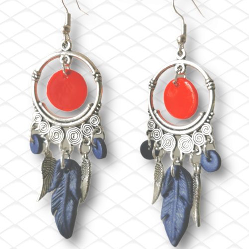 Boucles d'oreilles  apache en fimo marine et rouge