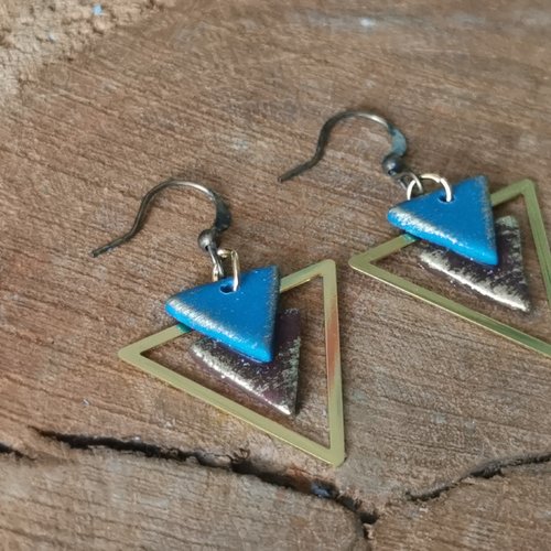 Boucles d'oreilles triangles  or et marron/bleu