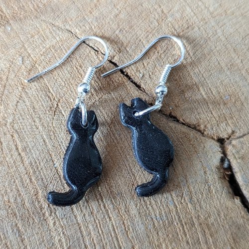 Boucles d'oreilles chat émail strass gris noir - Bijoux animaux