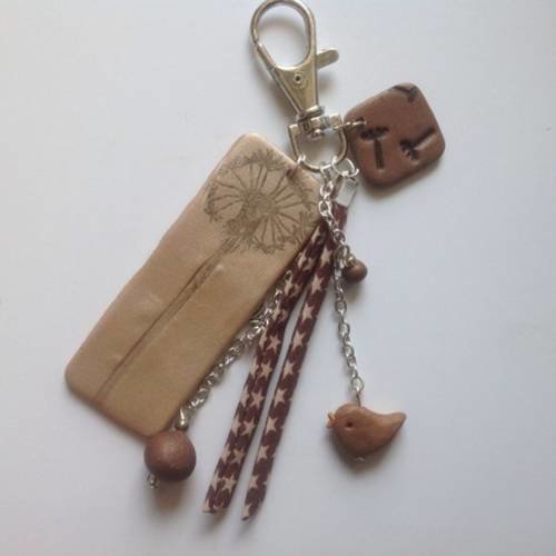 Porte clef bijou de sac "fleur de coton" rubans  taupe et   chocolat oiseau 