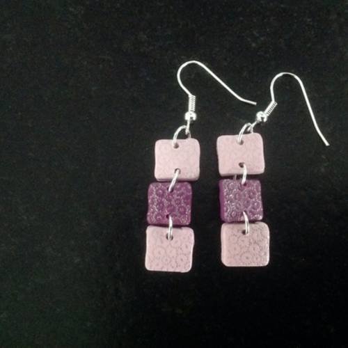 Boucles d'oreilles 3 carrés rose et violet   impressions argent 