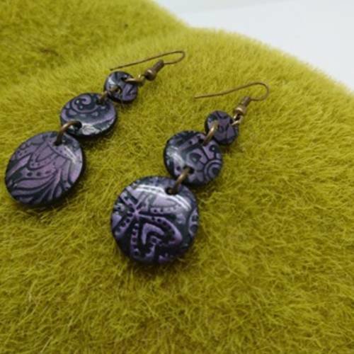 Boucles d'oreilles luna structure bronze et violet en pâte polymère 