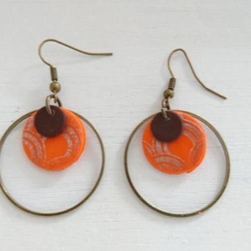 Boucles d'oreilles en fimo ring marron et orange 
